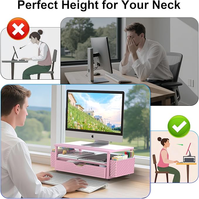 Spacrea Desk Organizer and Accessories, Computer Monitor Stand Riser with Drawer and 2 Pen Holders, Office Desk Accessories & Workspace Organizers for Office Supplies (Pink)