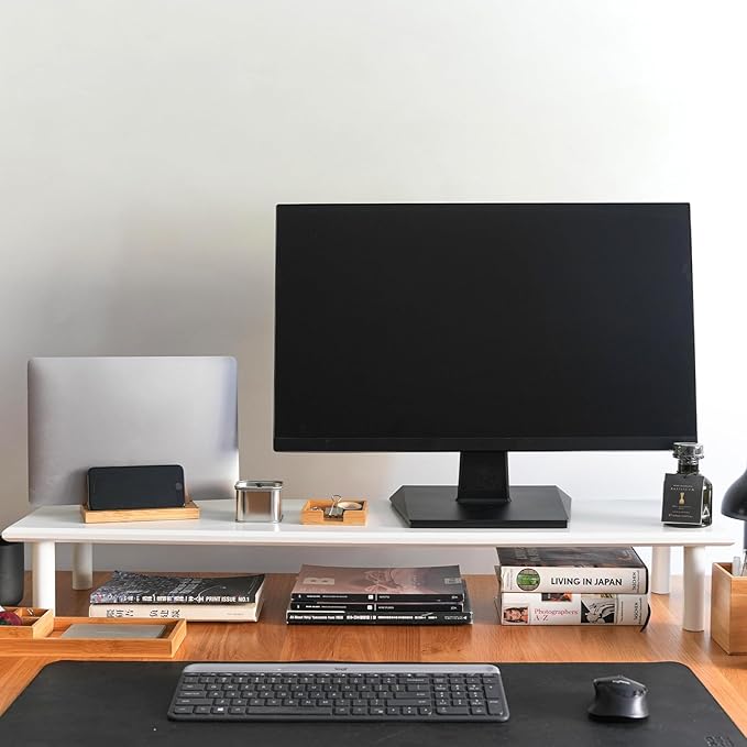 Bamboo Dual Monitor Stand Riser White, Desk Monitor Riser for 2 Monitors, Supports for PC Computer Monitor, Printer, Heavy TV Riser up to 300 lbs, White