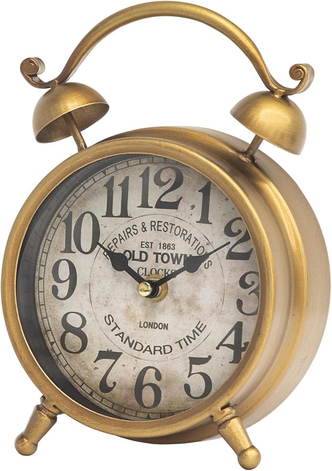 Antique Gold Table Clock for Living Room Decor, Rustic Farmhouse Desk and Shelf Clock, Silent Non-Ticking Mantel Clock for Bedroom, Living Room, Kitchen, Battery Operated