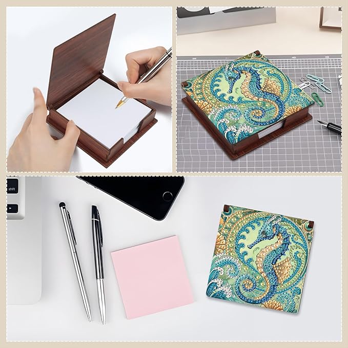 Wooden DIY Seahorse Diamond Art Notecard Box – DIY Gem Art Sticky Note Holder for Adults 160 Sheets Memo Pad Storage