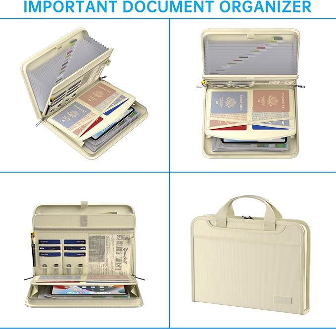 ENGPOW Accordion File Organizer,Fireproof Expanding File Folder with Multi Pockets,13 Pockets Document Organizer Bag with Handle & Labels,Portable Home Travel Safe Storage for Letter A4 Files,Beige