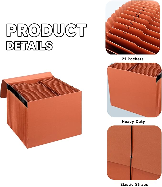 Heavy Duty Expanding File Folder Organizer,21 Pockets Accordion File Organizer,A-Z,1/3 Cut Tabs,Letter Size,17.5Inch Expansion