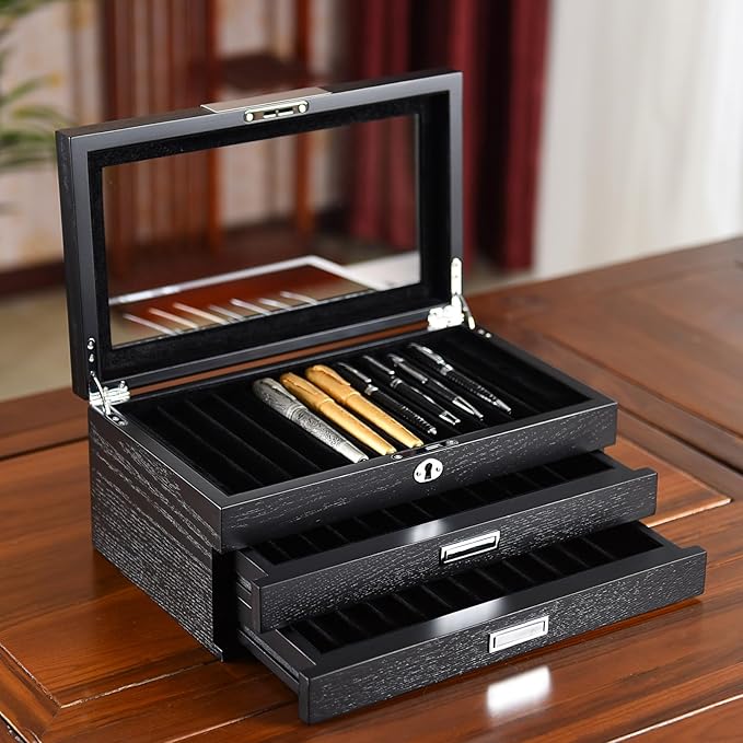 Wood Pen Display case 36 Slot Fountain Pen Organizer Storage Box with Drawer, Top Glass Window and Lockable Pen Collection Box for Men Gift (36 Slots - Black w Black Velvet)