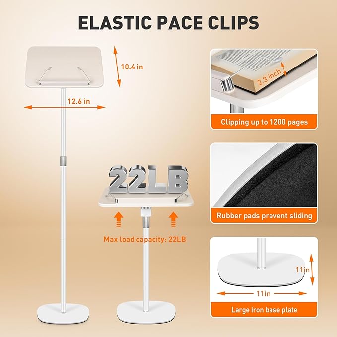 2-in-1 Floor Standing Book Stand, Foldable Book Holder for Reading with Page Clips, 19"–51" Height Adjustable, Sturdy Podium Stand for Reading, Bible, Laptop, Cookbooks, or Projector