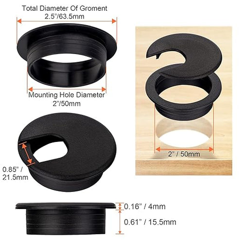 2 Inch Desk Grommet - 6Pcs Plastic Desk Cord Hole Cover, 50mm Diameter Black Cable Grommets Hole Cover for Organized Wires & Cords Through Computer Table/Countertops