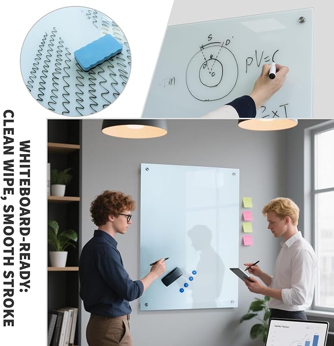 Glass Whiteboard 36"X24" Magnetic Dry Erase Board Frameless Wall Mounted White Board WritingBoard for Office School Home Accessory Tray, 3 Dry Erase Marker,4 Glass Board Magnets and 1 Magnetic Eraser