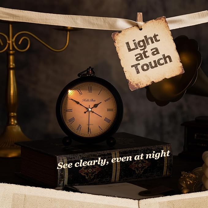 Vintage Alarm Clock, 5 inch Battery Operated Silent Non Ticking Snooze Small Clock with Night Light, Old Fashioned Desk Clock Decor for Bedroom, Bedside, Living Room, Room (Roman)