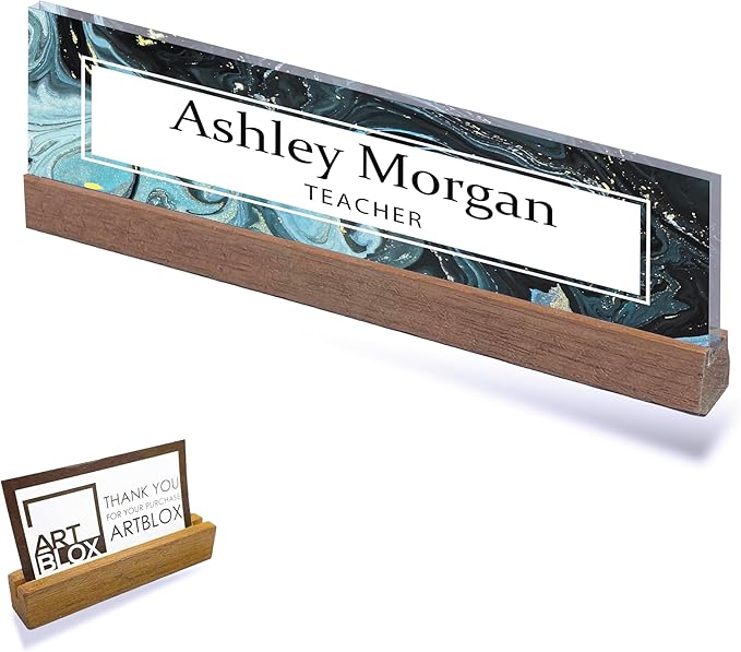 ARTBLOX | Office Personalized Name Plate Green Marble Design On Clear Acrylic Glass for Desk with Business Card Holder