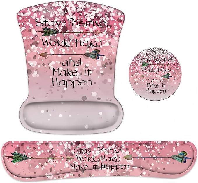 Keyboard Wrist Rest and Mouse Pad Wrist Support Set with Coasters, Inspirational Quote Stay Positive Work Hard and Make It Happen Wrist Mouse Pad with Non-Slip PU Base for Home Office Working Studying