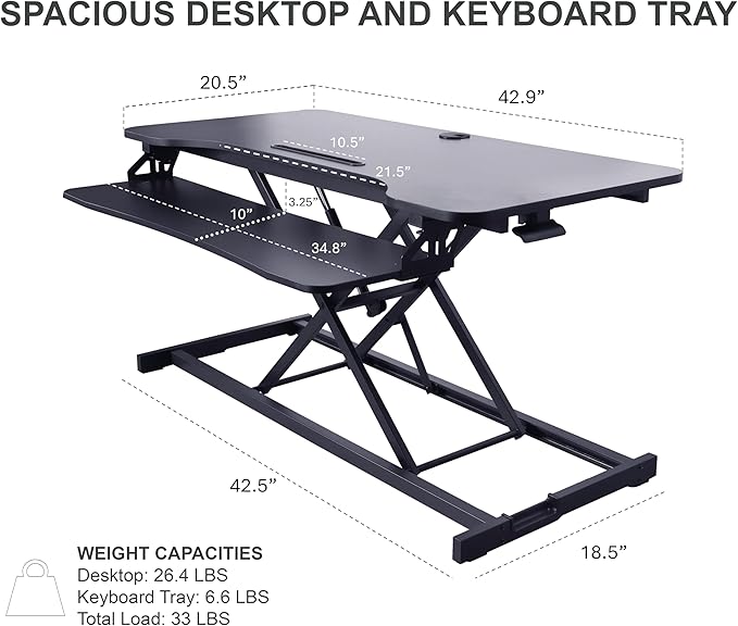 Rocelco 43" Height Adjustable Standing Desk Converter with Premium Dual Monitor Arm Mount - Tall Stand Up Tabletop Riser and Tablet Slot - Computer Workstation - Keyboard Tray - Black (R VADRB-43-MA2)