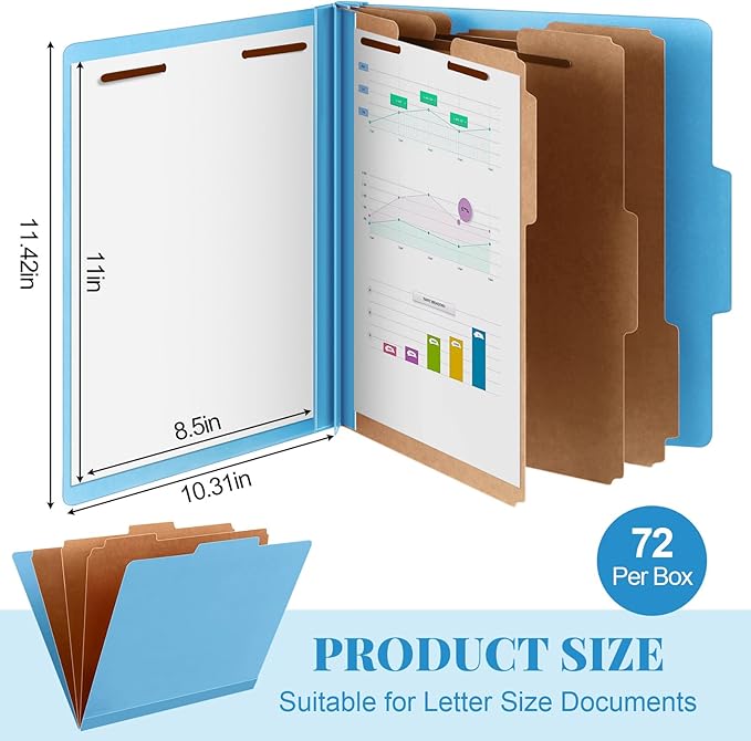 Skyygemm 72 Pcs Classification Folders Letter Size, 3 Divider Pressboard File Folder with Fasteners, Expanding File Organizer Bulk for Teachers, Clergy, Office, Church, Christmas Donations (Blue)