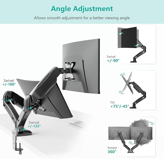 WALI Dual Monitor Stand for 17-32 inch Screens, Dual Monitor Arms for 2 Monitors Holds up to 19.8 lbs, Adjustable Gas Spring Dual Monitors Mount, VESA 75x75/100x100mm (GSMP002), Black