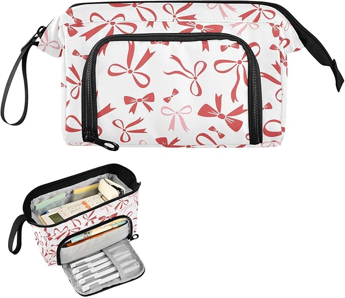 Red Bow Pencil Case Pouch Big Capacity Pencil Bag Box Organizer Pen Case with Handle Pencil Cases for Girls Boys Women School College Office