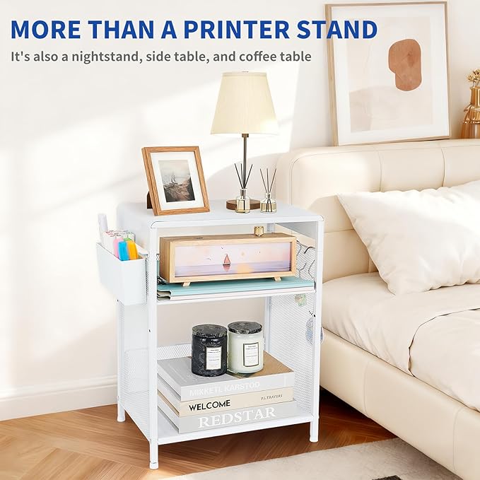 Small Under Desk Storage, White Printer Stand with Storage Shelf, 3-Tier Height Adjustable Printer Table with Basket & 3 Hooks for Home Office Fax Machine Scanner Files