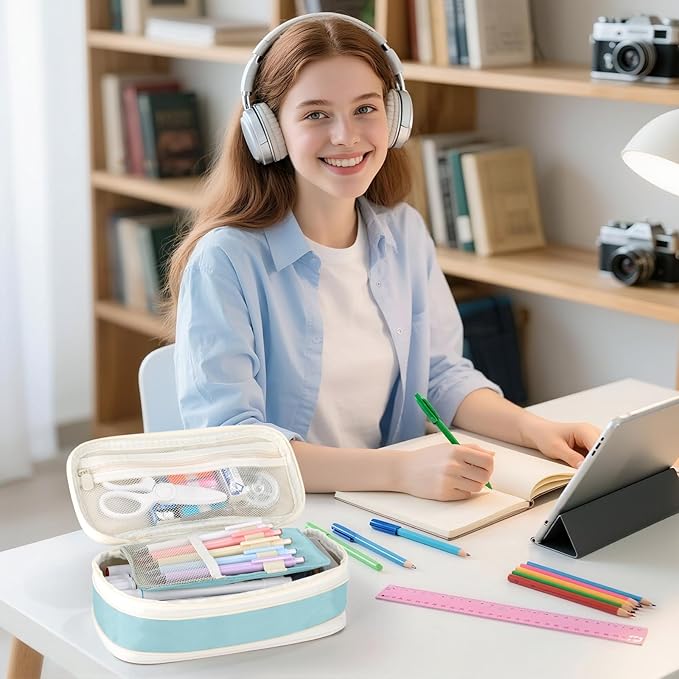 Large Capacity Pencil Case with Zipper, Aesthetic Pencil Pouch, Portable Stationery Organizer Bag for Teen and Adults, Big Pencil Bag for College, Office, Travel - Blue