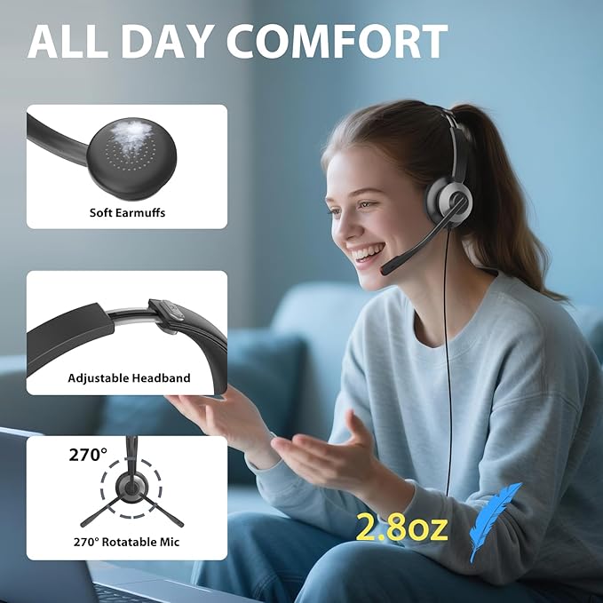 Earbay USB Headset with Microphone for PC, Headset with Mic, Computer Headset with Noise Canceling Microphone for Laptop, Wired Headphones with Mic for Home/Office/PC/Cell Phones