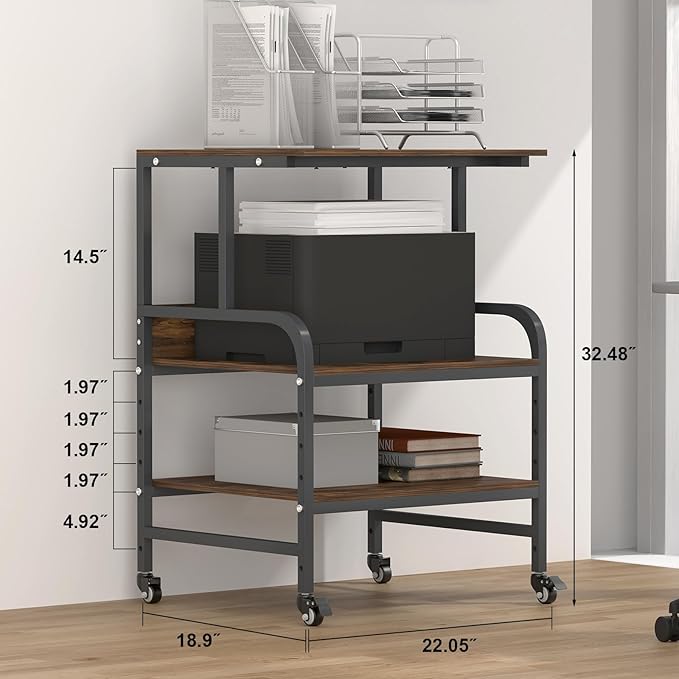 Printer Stand for Home Office, 32.48 X 22.05 X 18.9 Rolling Printer Cart with Heavy Duty Casters, Large Storage Stand for Scanner, Fax, Metal Printer Stand for School, Workshop, Studio