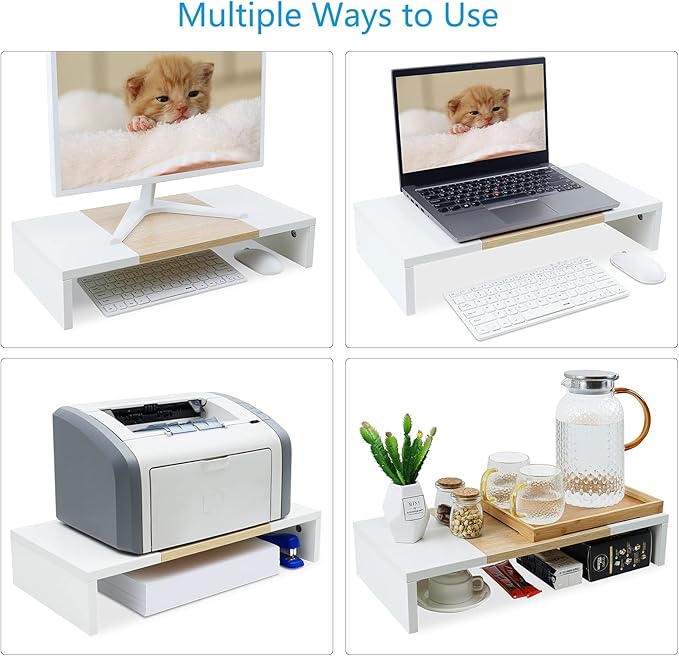 TEAMIX 20 Inch Monitor Stand Riser, Wooden Desktop Riser for TV/PC/Laptop/Printer, Cozy Monitor Riser with Storage, Laptop Shelf for Home Office