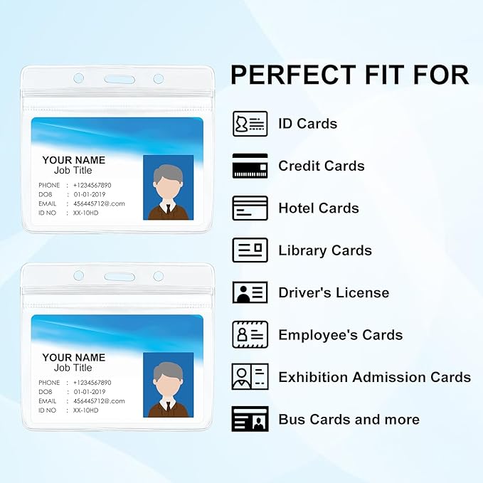 50 Pack ID Card Name Tag Badge Holders with Lanyards Black Lanyards with Clear Horizontal Waterproof Name Badge ID Card Holders for Office School Travel (Black)