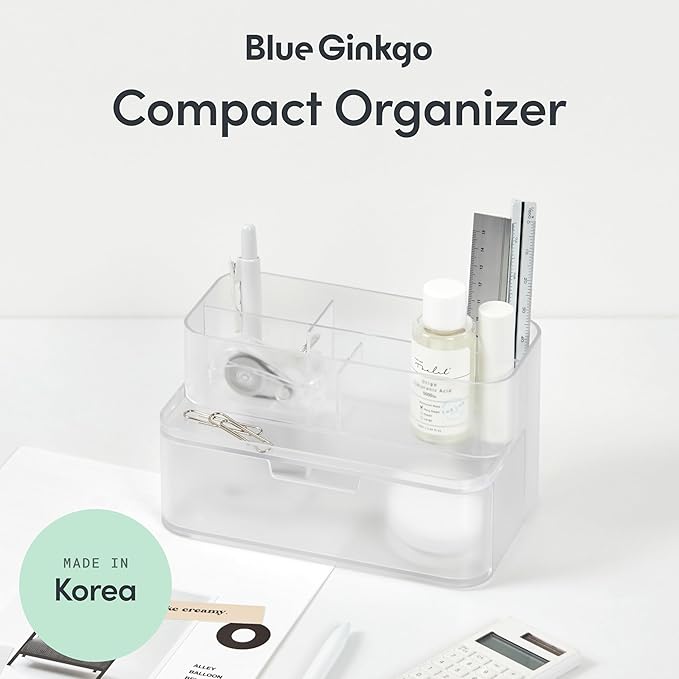 BLUE GINKGO Compact Desk Organizer – Small 5-Compartment, Half Drawer Storage – Pen Holder, Stationery Organizer for Desktop, Vanity, Shelf (Made in Korea, Transperent)