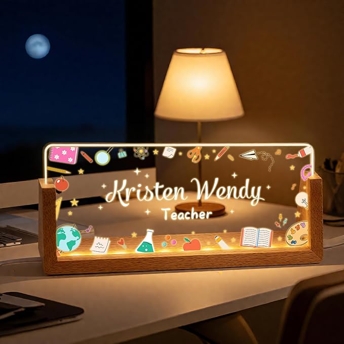 Ships Next Day, Personalized Teacher Name Plate for Office Desk - Teacher desk must haves, Custom Light Up Acrylic Desk Name Plate Teacher Appreciation Gifts, The Office Gifts for Teacher Office Decor