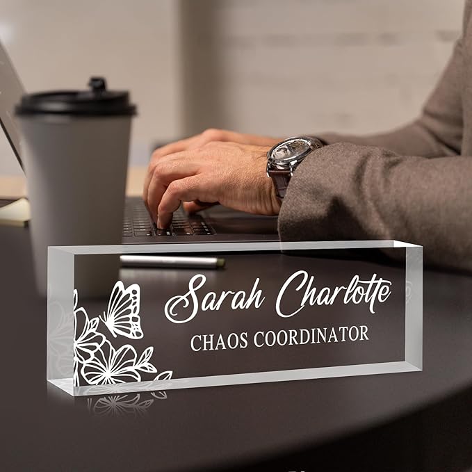 Custom Name Plate for Desk, Personalized Desk Name Plate on Clear Acrylic Glass, Appreciation Gifts for Teacher Employee Boss Coworkers Nurse, Office Desk Accessories for Women Men (Engraved Garden)