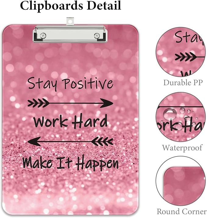 Rimilak Plastic Clipboards with Metal Clip, A4 Letter Size 9 x 12.5 in, Office Decorative for Students Women Men and Kids, Cute Custom Pattern, Work Hard
