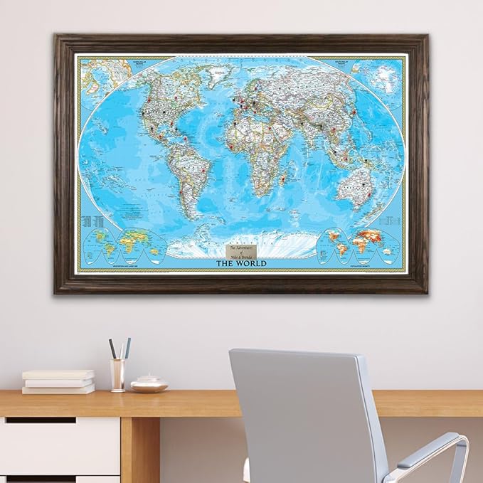 Personalized Classic World Push Pin Travel, Solid Wood Brown with 150 Pins - 27.5 inches x 3 9.5 inches - Made in USA