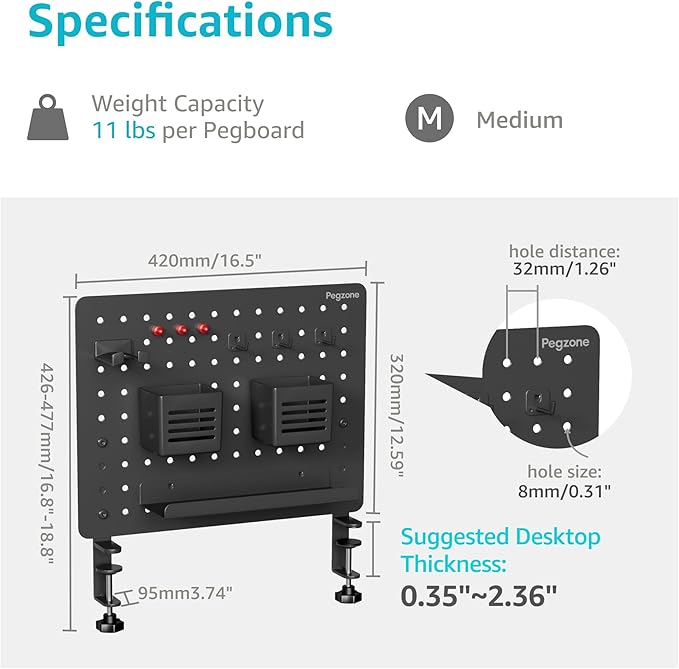 PEGZONE Clamp-on Desk Pegboard, Desk Organizer for Office Gaming Home, Magnetic Metal Peg Board with 10 Accessories, Privacy Panel for Office, 16.5" x 12.6", Medium, Black