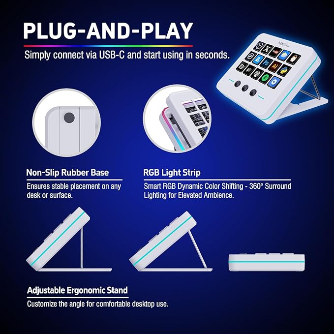 Macro Keypad, Stream Controller Deck Gaming Streaming Shortcut Keyboard, 18 Programmable Keys Customizable Visual AI Pad USB Soundboard for OBS, YouTube, Desk Office Setup, Laptop, PC, Mac