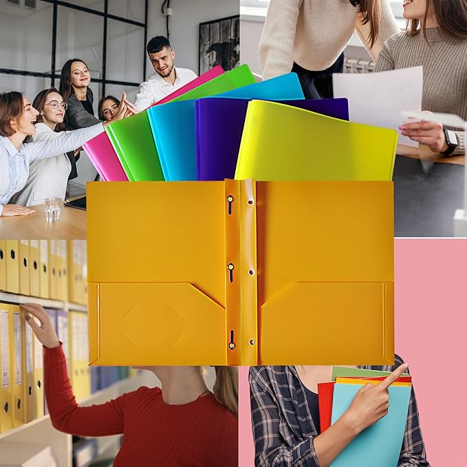 Seashell 12 Pack 2 Pocket Folders with Prongs, Plastic 3 Hole Punched Folder with Two Pockets, Letter Size, Heavy Duty, Assorted Colors, for Office and Classroom Use