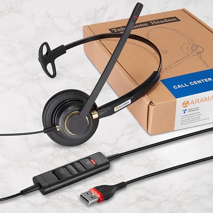 Arama USB Headset with Microphone for PC, Noise Cancelling & Audio Controls Ultra Comfort USB Headphone for Computer Laptop Pc Business Skype UC Webinar Call Center Office