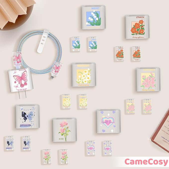 Flowers DIY Cable Protector for iPhone 18W/20W Charger,Pink Rose Pretty Design Transparent Data Line Cable Saver Phone Charging Protector for Apple Charger Case