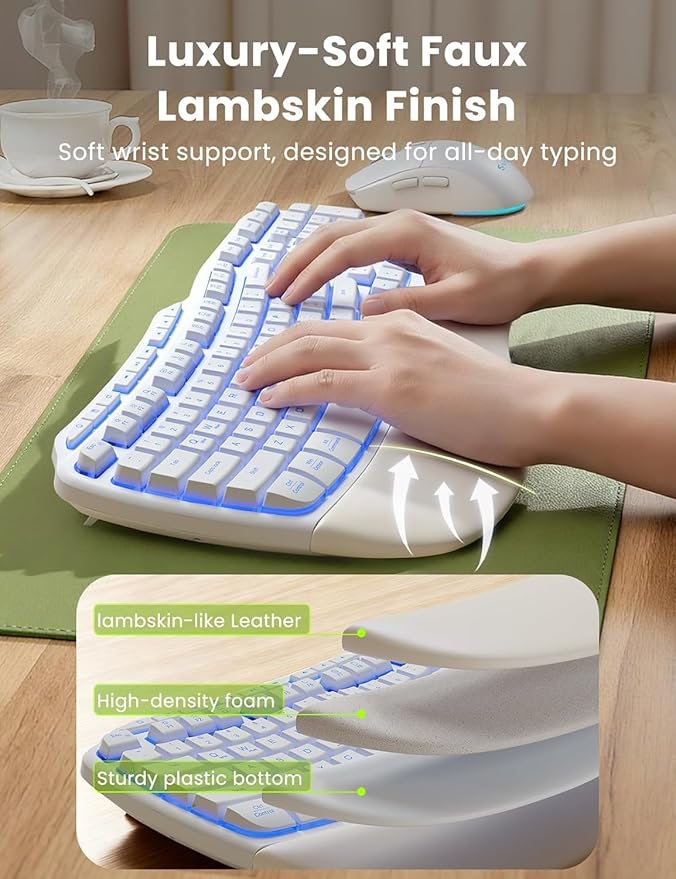 White Wireless Keyboard and Mouse Combo, Light up Ergonomic Keyboard Set, 2.4G Full Size Ergo Wave Key Board with Cushioned Plam Rest, Silent Mouse, for Computer/Laptop/Windows/Mac, Sablute