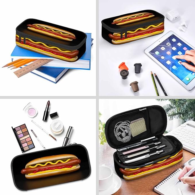 Burger Pencil Case Organizer Sausage Food Delicious Black Stationery Box Makeup Colleague Office Supply for Adults Men Women School Students Boy Girl