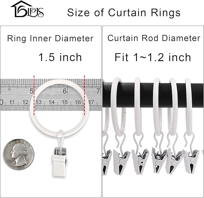 LLPJS 20 Pack Metal Curtain Rings with Clips, Curtain Clip Rings Hooks for Hanging Drapery Drapes Bows, Curtain Rod Rings 1.5 inch Interior Diameter, White