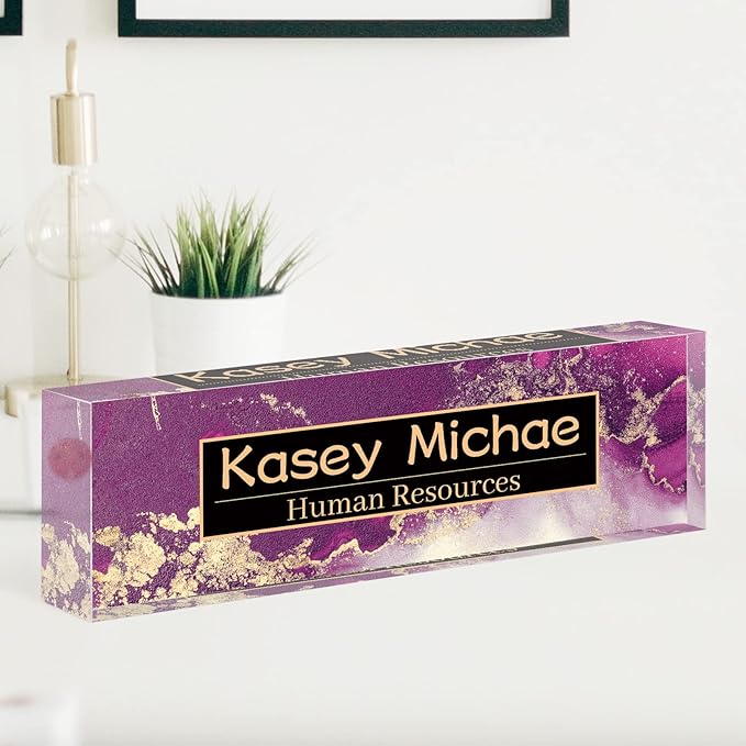 SalaGraphics Desk Name Plate Personalized, Custom for Desk, Office Decor Men, Acrylic Accessories, Gifts Coworkers Boss Teacher, Employee Appreciation (Purple/Gold), 8''(L)x2.5(W)