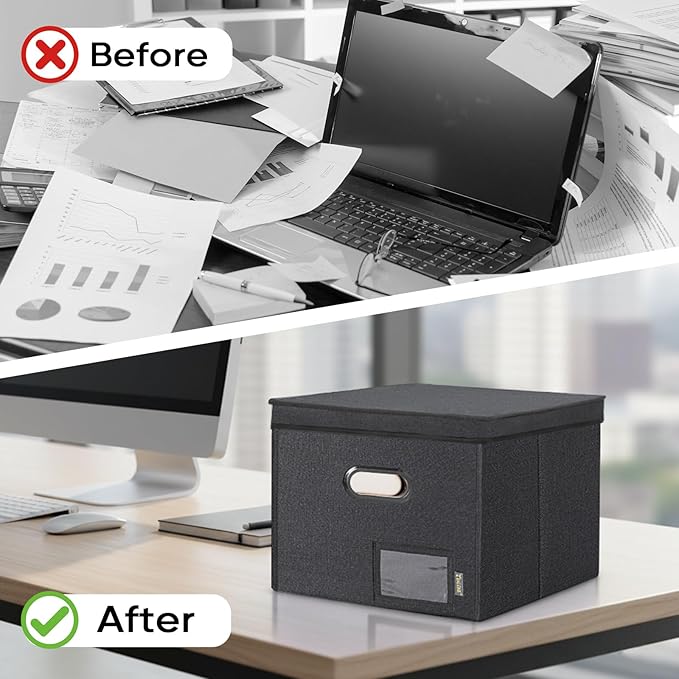 BALEINE File Organizer Box with Lid, Collapsible File Folder Organizer with Plastic Slide, Hanging File Folder Box for Office Document Storage (Tab Friendly, 1 Pack, Black)