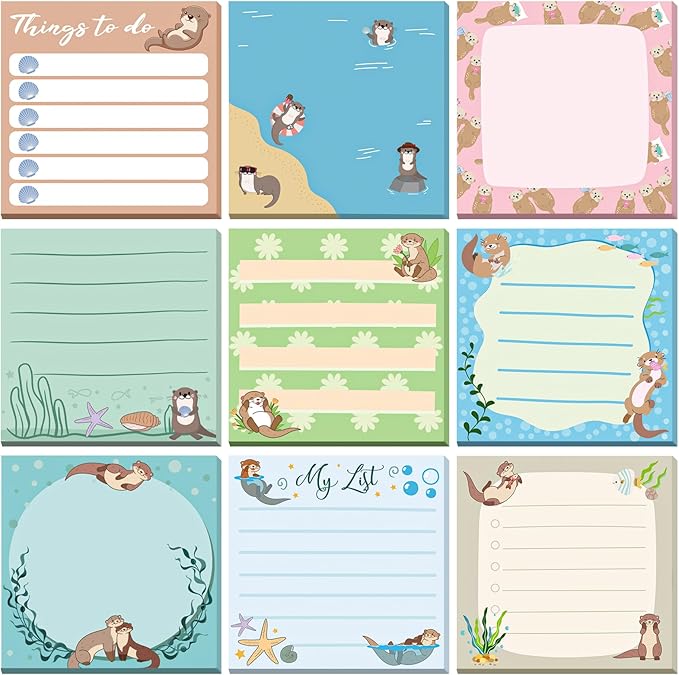 9 Pads Otter Sticky Notes 3x3 Inch Cute Self Stick Notepads Notes Adhesive Memo Pad Office Decor Gifts for Students School Teacher Meeting Office Supplies