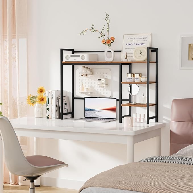 Snughome Desk Shelf, 38.6" Desktop Organizer Shelf, Desk Hutch for Computer Monitor, 4 Tier Desk Display Rack, Wood Desktop Bookshelf Storage Rack for Home Office Dorm, Rustic Brown