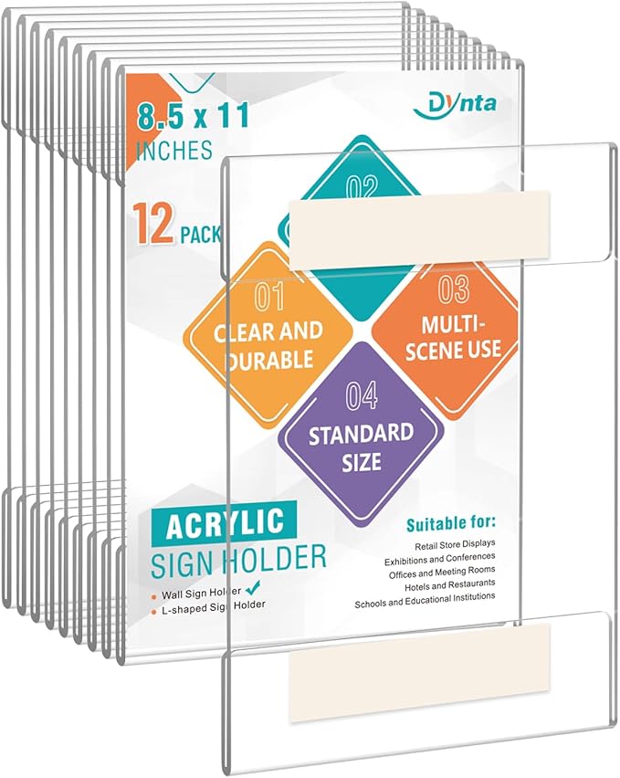 Dynta 12 Pack Acrylic Sign Holder 8.5 x 11 with Double Sided Adhesive Tape, Plastic Sign Holder Wall Mount, Memo Document Flyer Brochure Menu Holder for Display