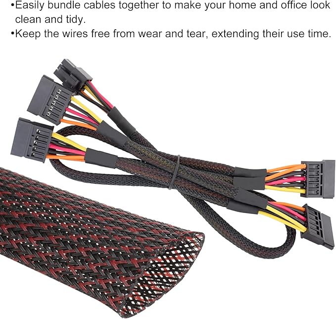 25ft PET Expandable Wire Loom 1.25 Inch, PET Braided Wire Sleeving Cable Management Sleeve Tubing [for Audio Video Home Office Cord Protector]-Black, Red