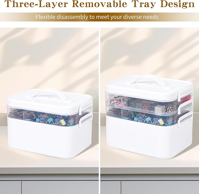 3-Tier Art Supply Storage Container, Stackable Craft Organizer Box with Dividers, Clear Plastic Storage Case for Markers, Toys, Coloring Books (Three-Layer)