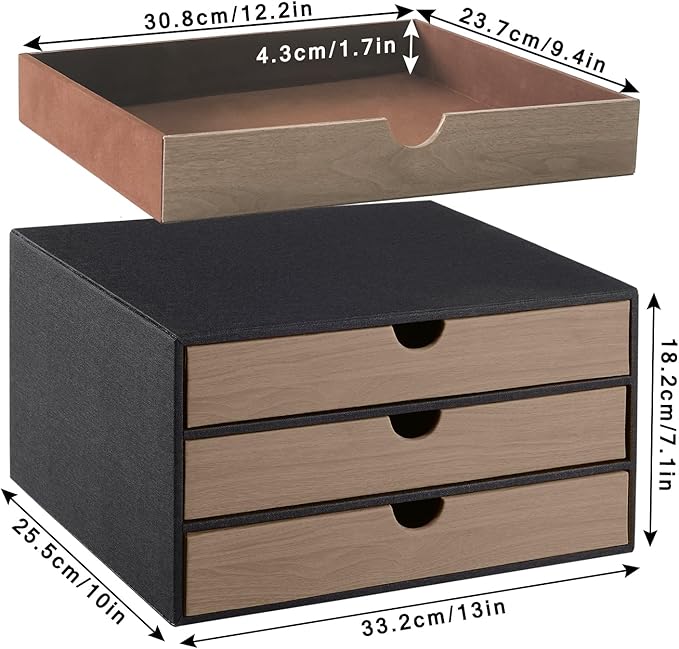 PU Leather Desk Organizer with 3 Drawers,Executive Office Supplies Desktop Filing A4 File Cabinet/Holder for Jewelry/Bill/Paper/Documents/Makeup Home Decor Stationery Storage Box,Black