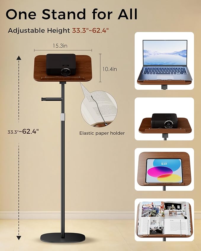Laptop Stand Floor, Wood Music Stand, Tablet Floor Stands Adjustable Height, Tall Book Stand Hands Free, for Projector, Office, Study, Brown