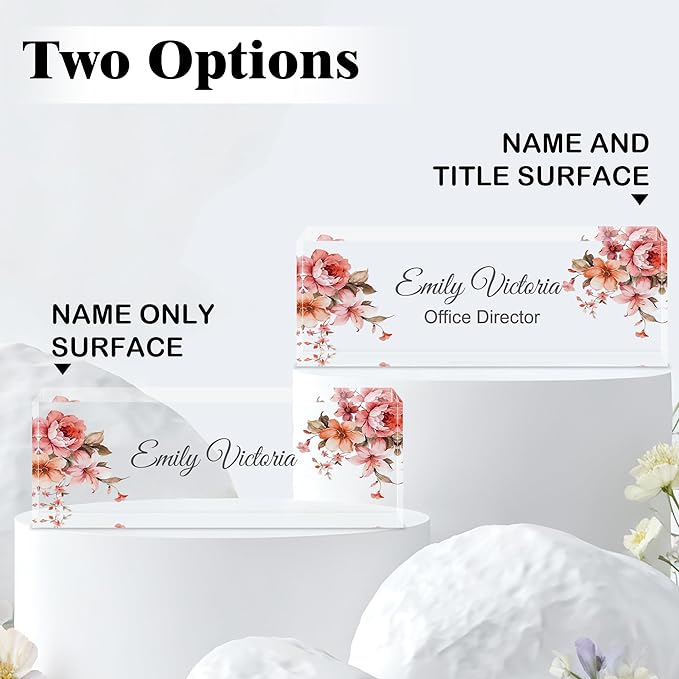 Ship Next Day-Custom Name Plate for Desk, Desk Name Plate Personalized, Acrylic Office Desk Accessories, Appreciation Gifts for Coworkers Employee Teachers Boss Women Men (Peony)