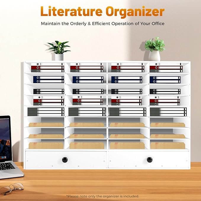 DYRABREST 32 Slot Literature Organizer Adjustable Desktop File Sorter with 2 Drawers, Stackable Office Mail Sorter 32 Compartments Magazine Holder Paper Storage Cabinet for Office Home School