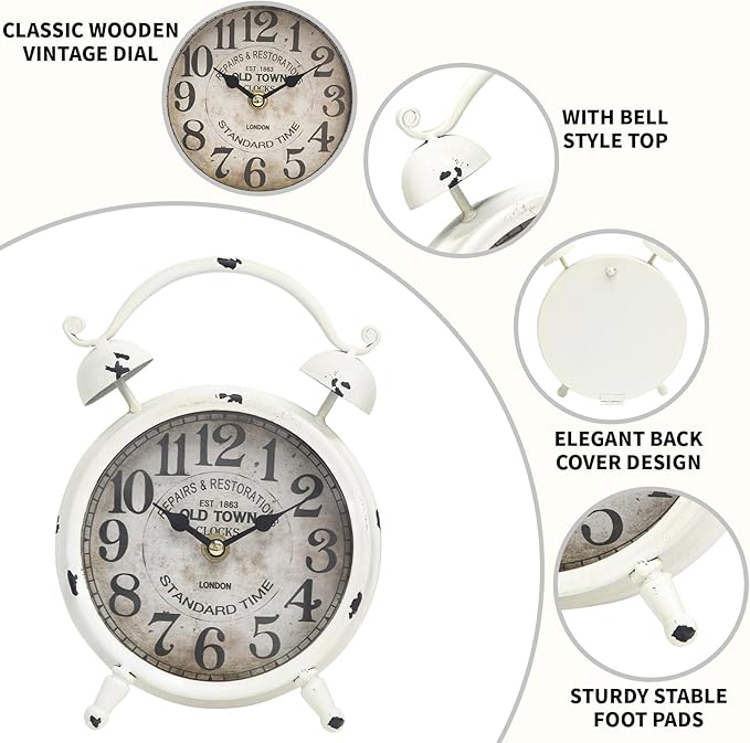 Vintage White Desk Clock with Distressed Finish, Rustic Farmhouse Table Clock, Silent Non-Ticking Mantel Clock for Bedroom, Living Room, or Shelf, Battery Operated