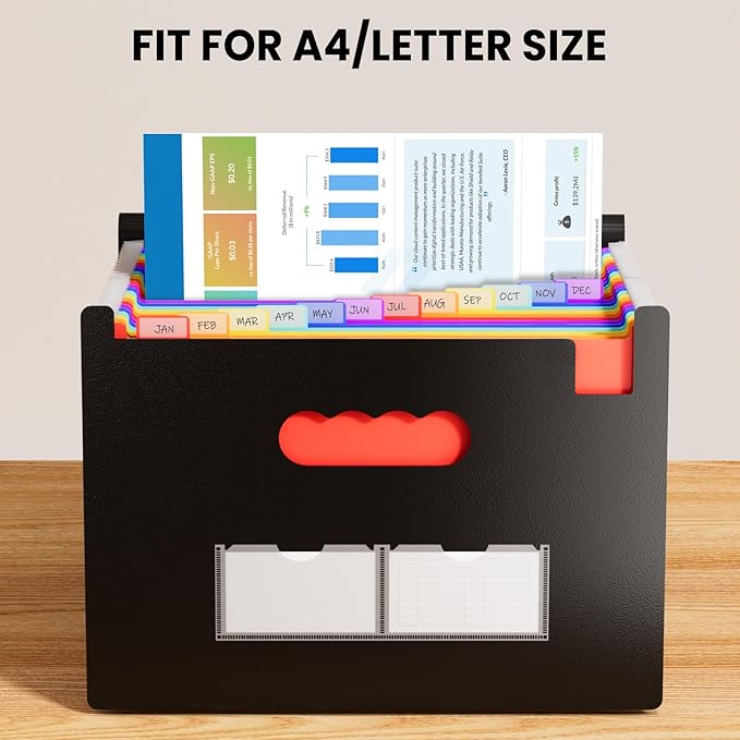 Sooez 24 Pockets Expanding File Folder with Blank Labels, According File Organizer with Expandable Cover, Desktop Accordion Folders Letter A4 Paper Document Storage Organizer, Black