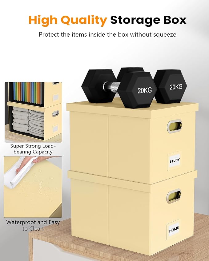 Oterri 2 Pack File Storage Organizer Box, Portable Document Box with Lid,Fit for Letter/Legal File Folder Storage,Cream-yellow(Leather)